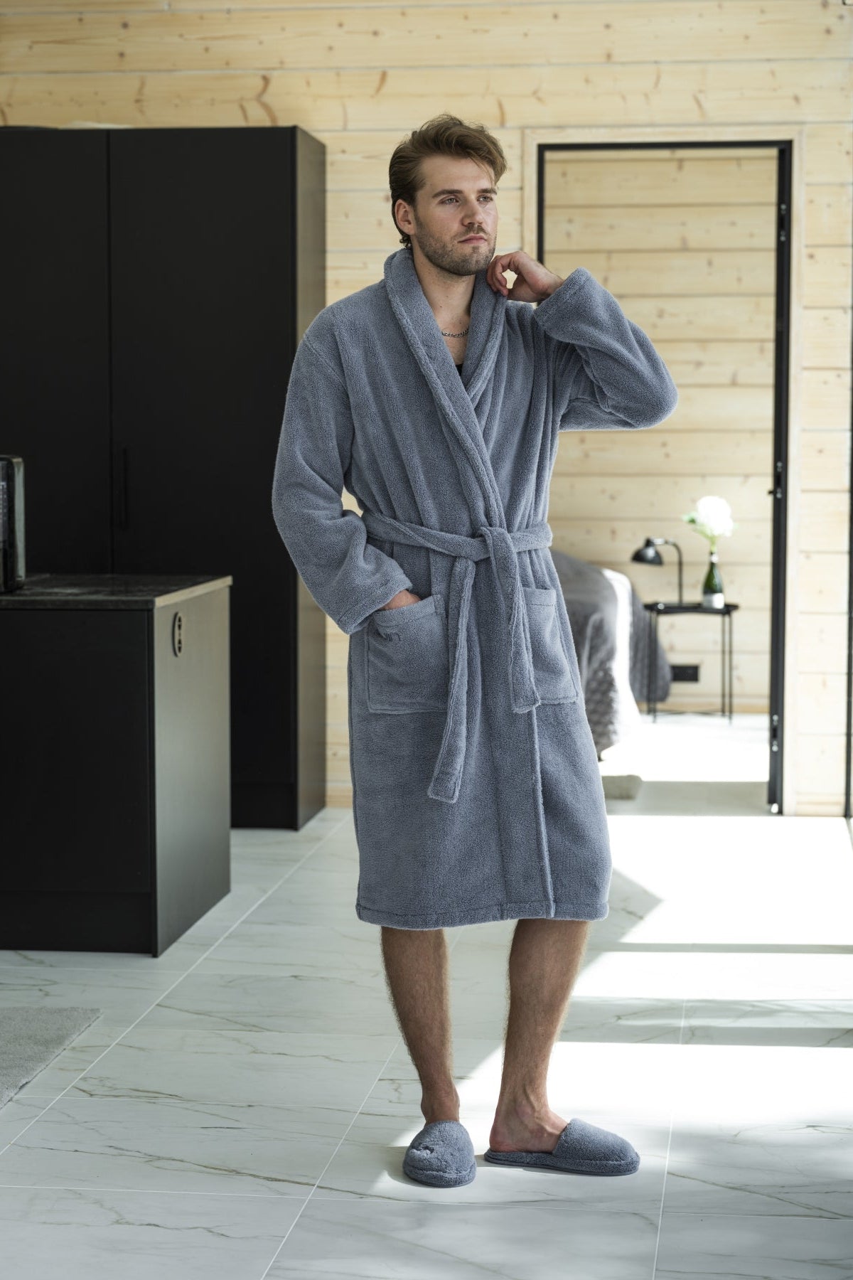 Soft blue unisex bathrobe shown in full length