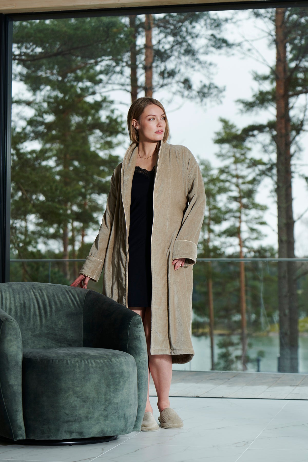 Beige Haven bathrobe worn at home after a bath