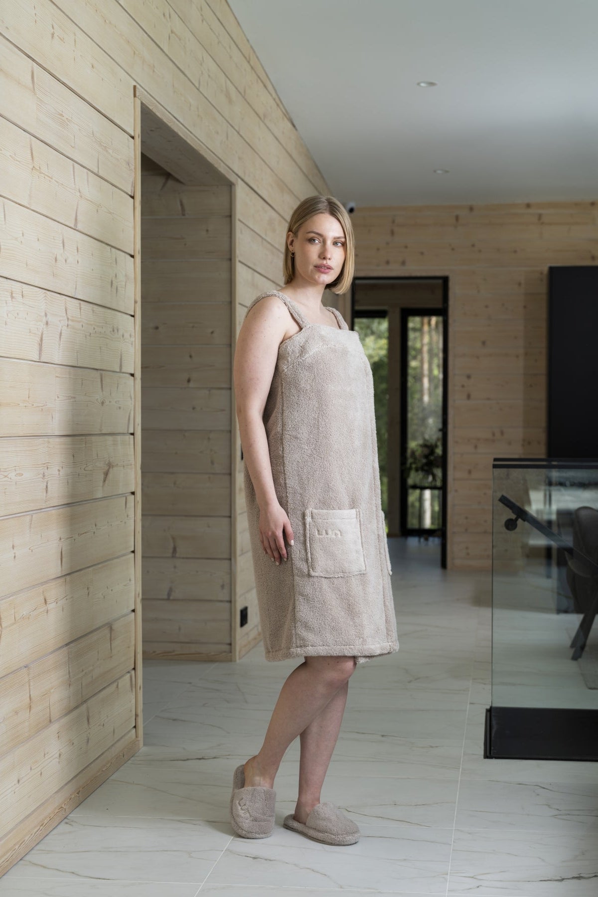 Sand spa dress worn at home