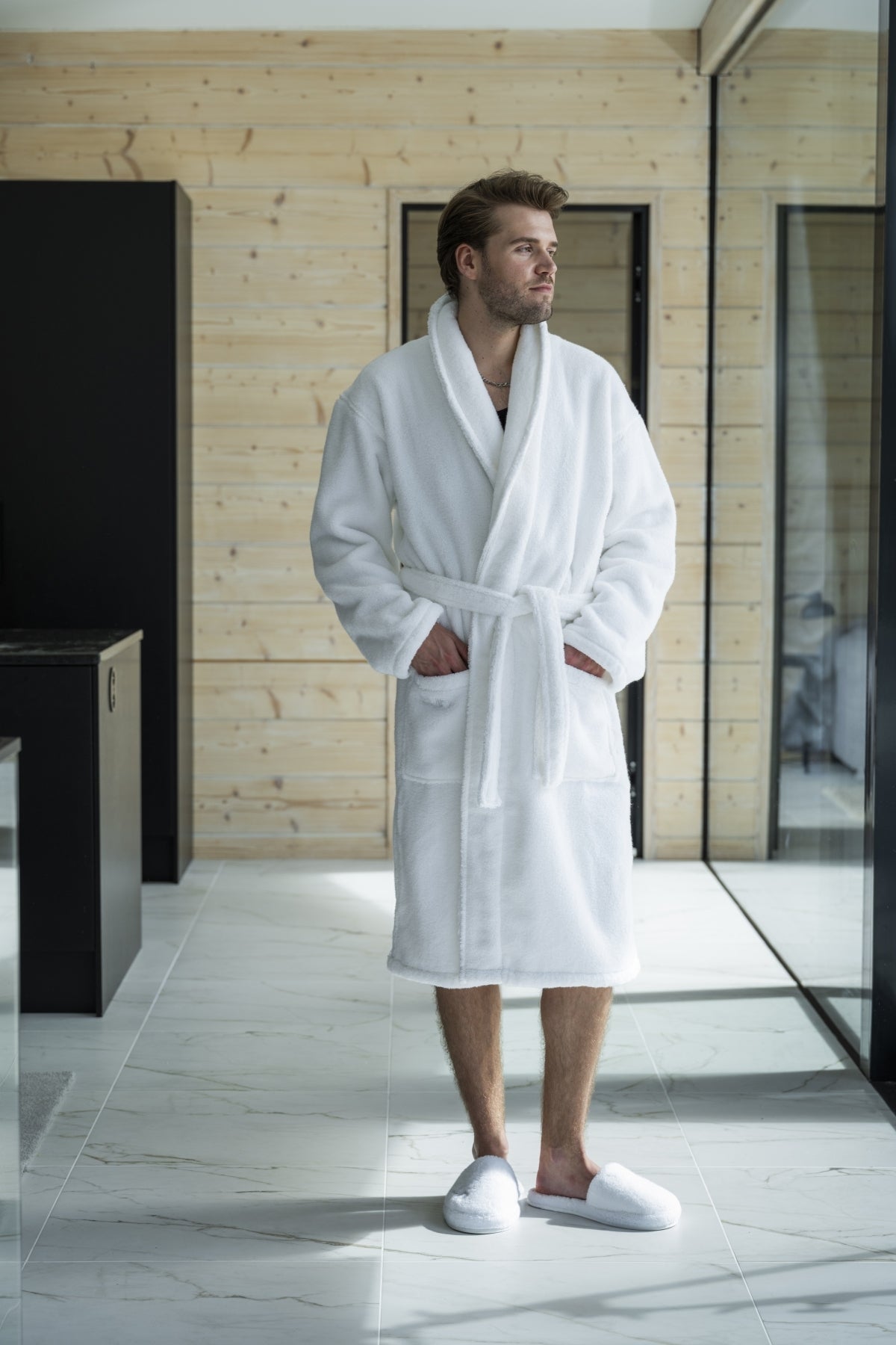 Snow white unisex bathrobe shown in full length