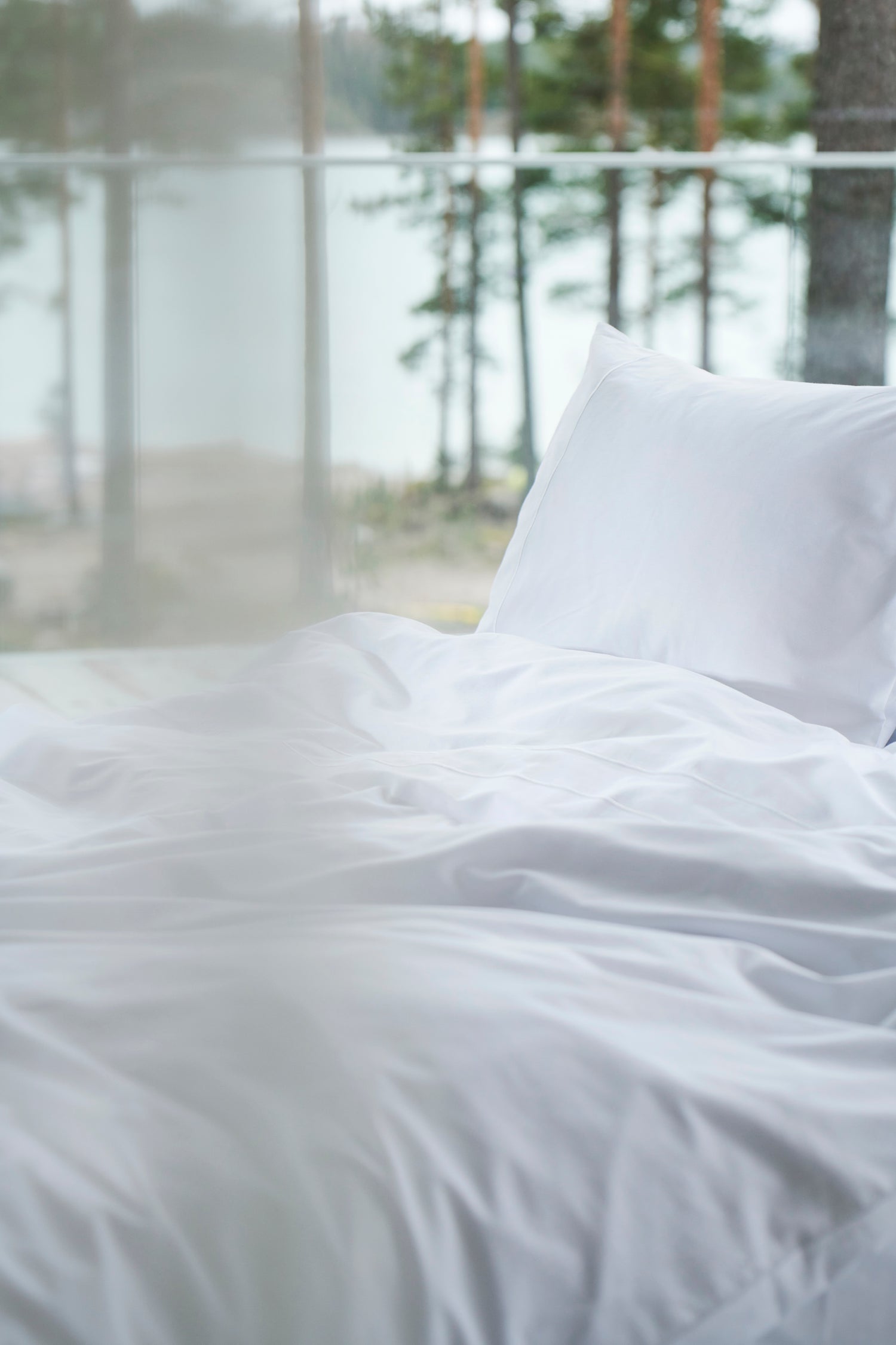 White bedding with pillows on a bed in a room with a blurred view of trees and water.
