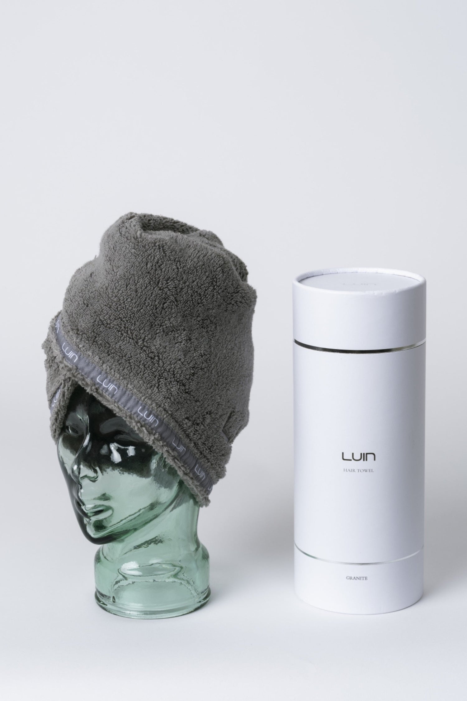 Granite hair towel shown with its Luin gift box