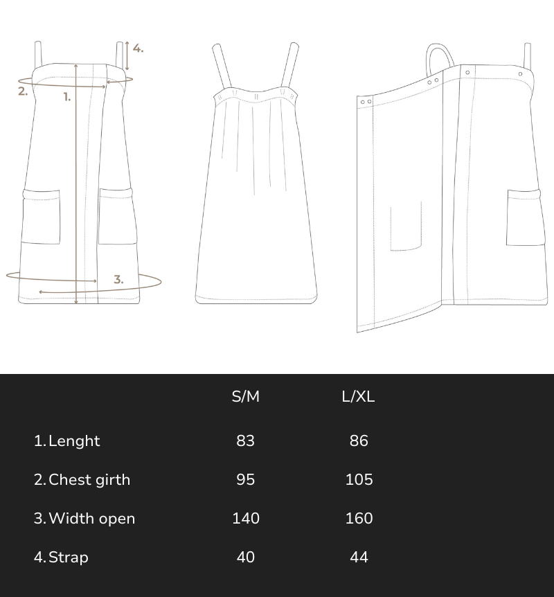 Technical drawing and size chart of a dress with measurements for S/M and L/XL sizes.